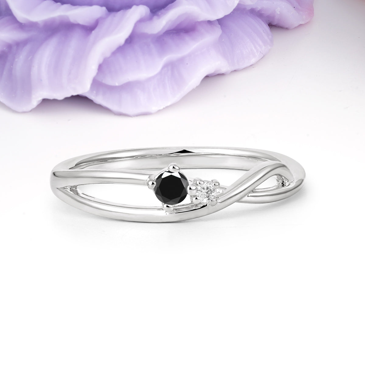 Classic Minimalist Twisted 4 Prong Round Cut Black Onyx Engagement Ring - Additional view