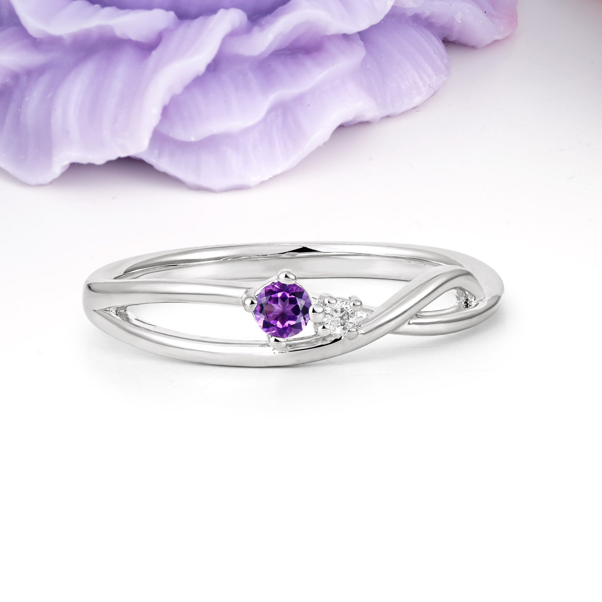 Classic Minimalist Twisted 4 Prong Round Cut Amethyst Engagement Ring - Additional view