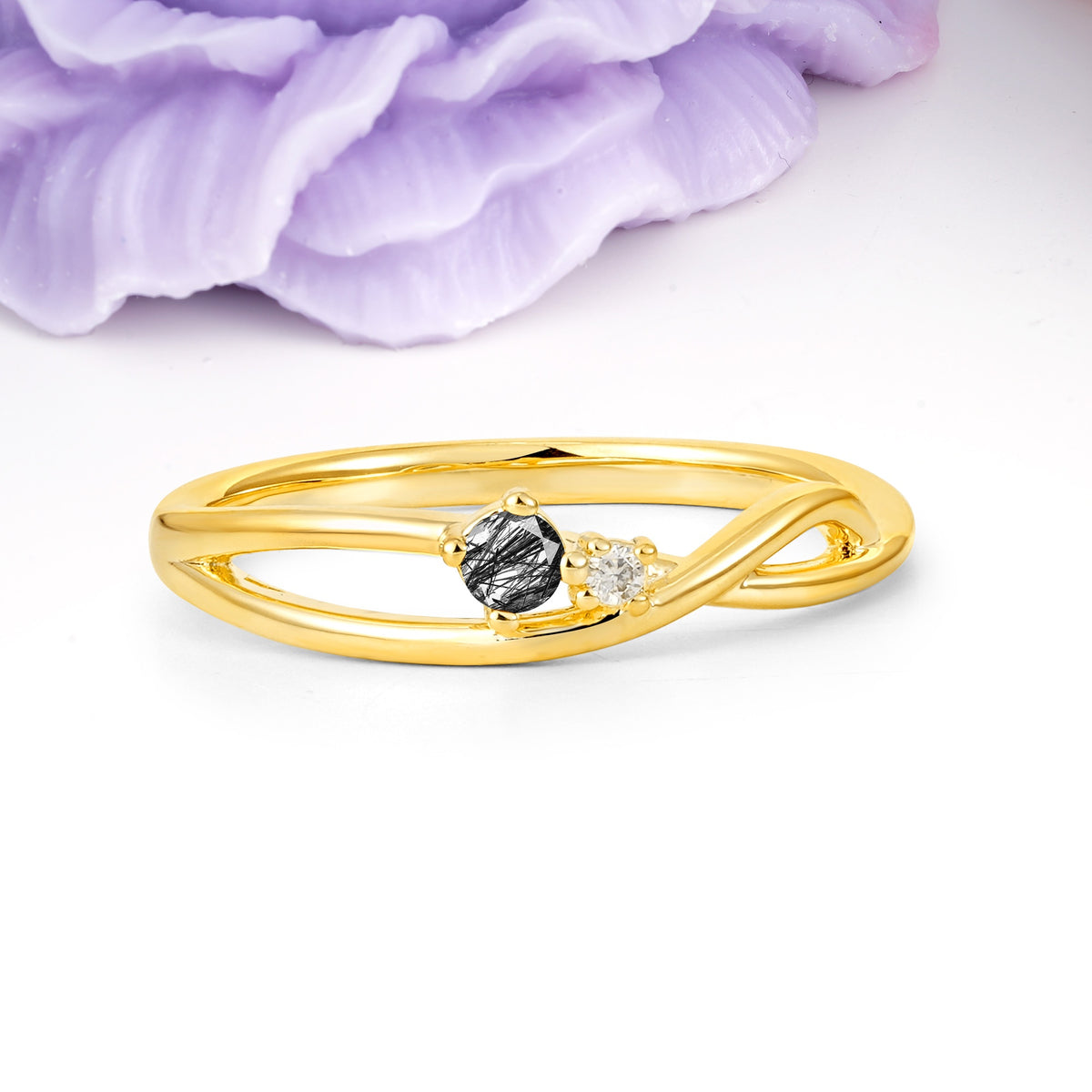Classic Minimalist Twisted 4 Prong Round Cut Black Rutilated Quartz Engagement Ring - Additional view