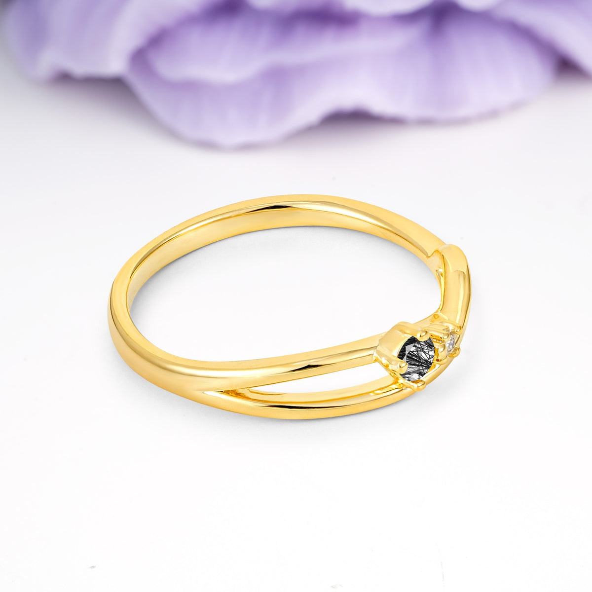 Classic Minimalist Twisted 4 Prong Round Cut Black Rutilated Quartz Engagement Ring - Additional view