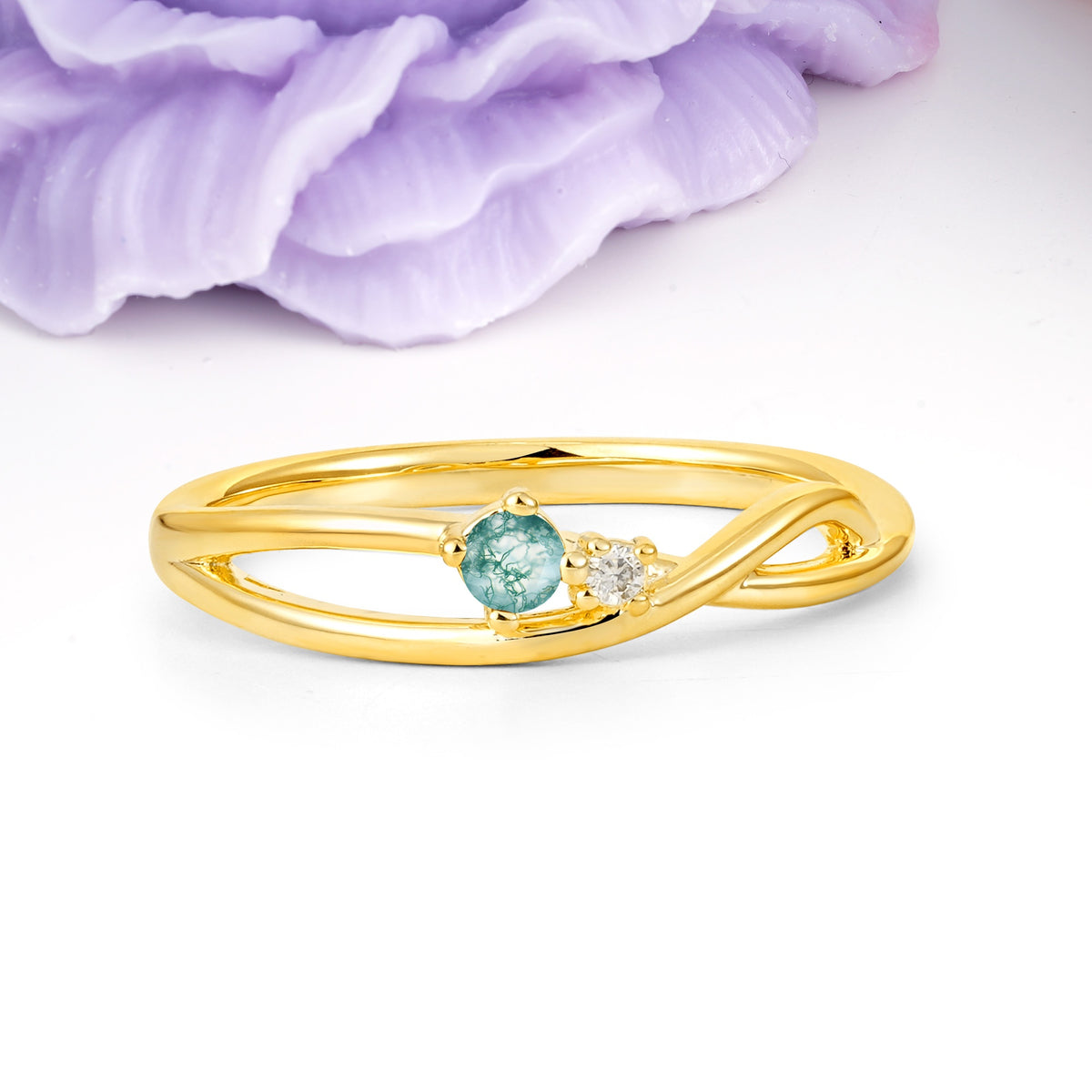 Classic Minimalist Twisted 4 Prong Round Cut Moss Agate Engagement Ring - Additional view