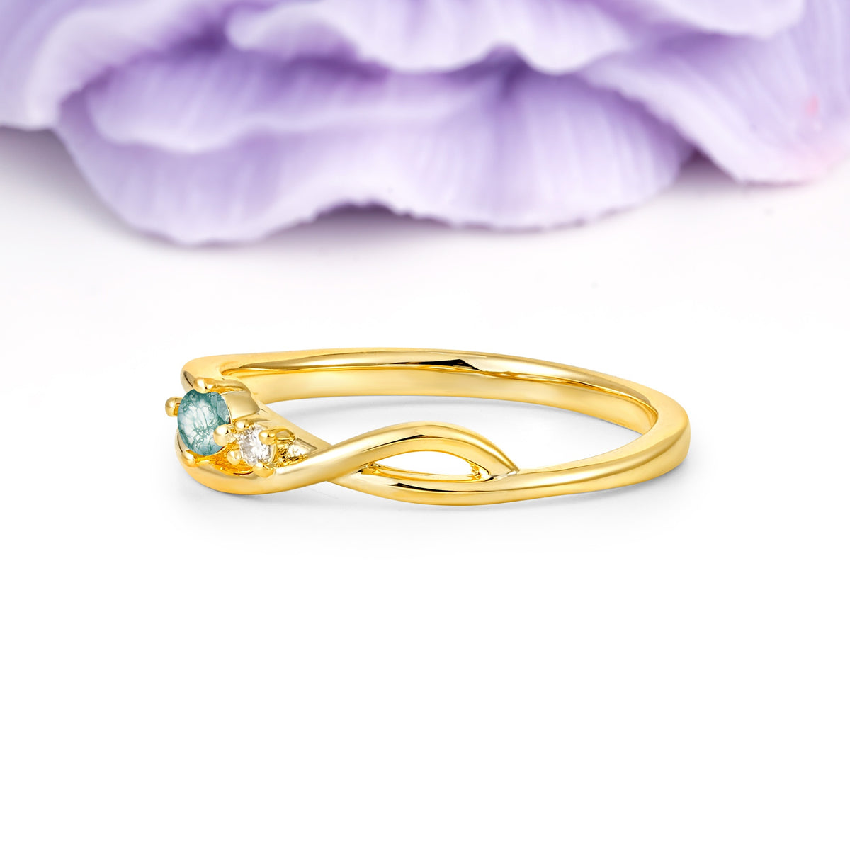 Classic Minimalist Twisted 4 Prong Round Cut Moss Agate Engagement Ring - Additional view