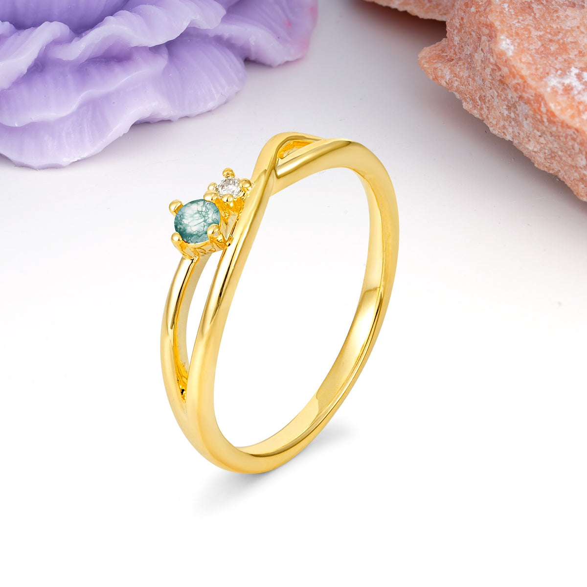 Classic Minimalist Twisted 4 Prong Round Cut Moss Agate Engagement Ring - Additional view