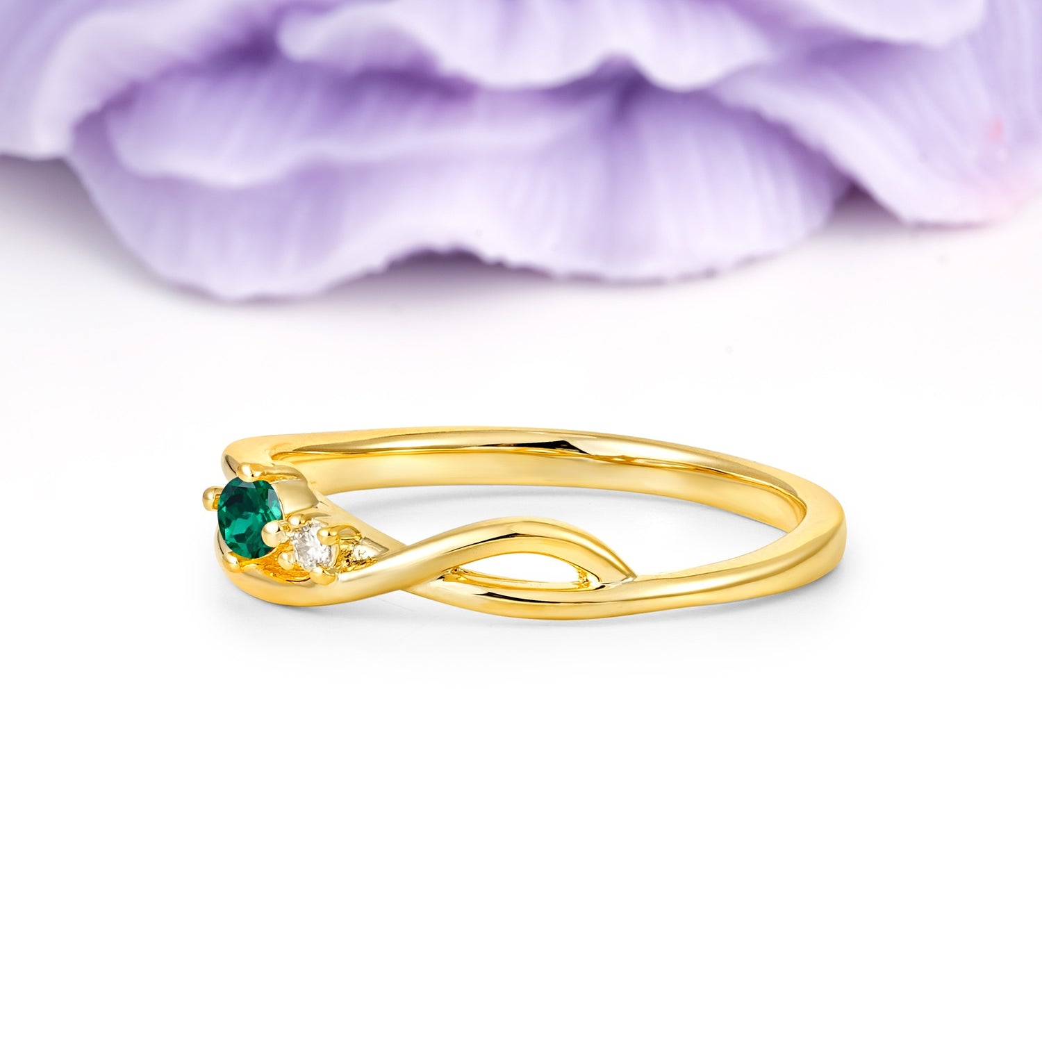 Unique Twisted 4-Prong Round Cut Emerald Engagement Ring - Additional view