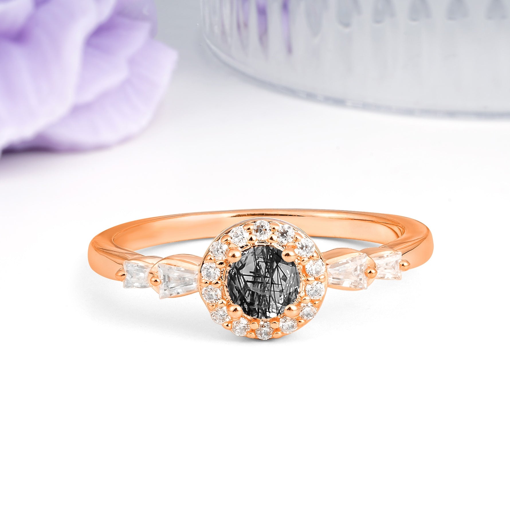 Luxurious & Classic Vintage 4-Prong Round Cut Black Rutilated Quartz Engagement Ring - Additional view