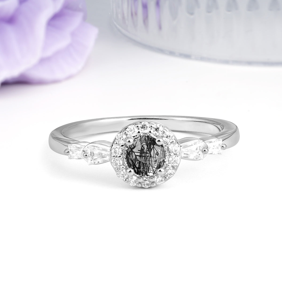 Luxurious & Classic Vintage 4-Prong Round Cut Black Rutilated Quartz Engagement Ring - Additional view