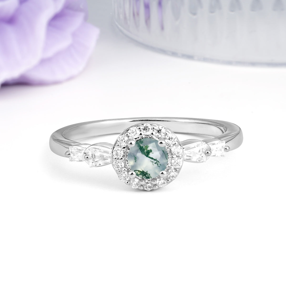 Luxurious & Classic Vintage 4-Prong Round Cut Moss Agate Engagement Ring - Additional view