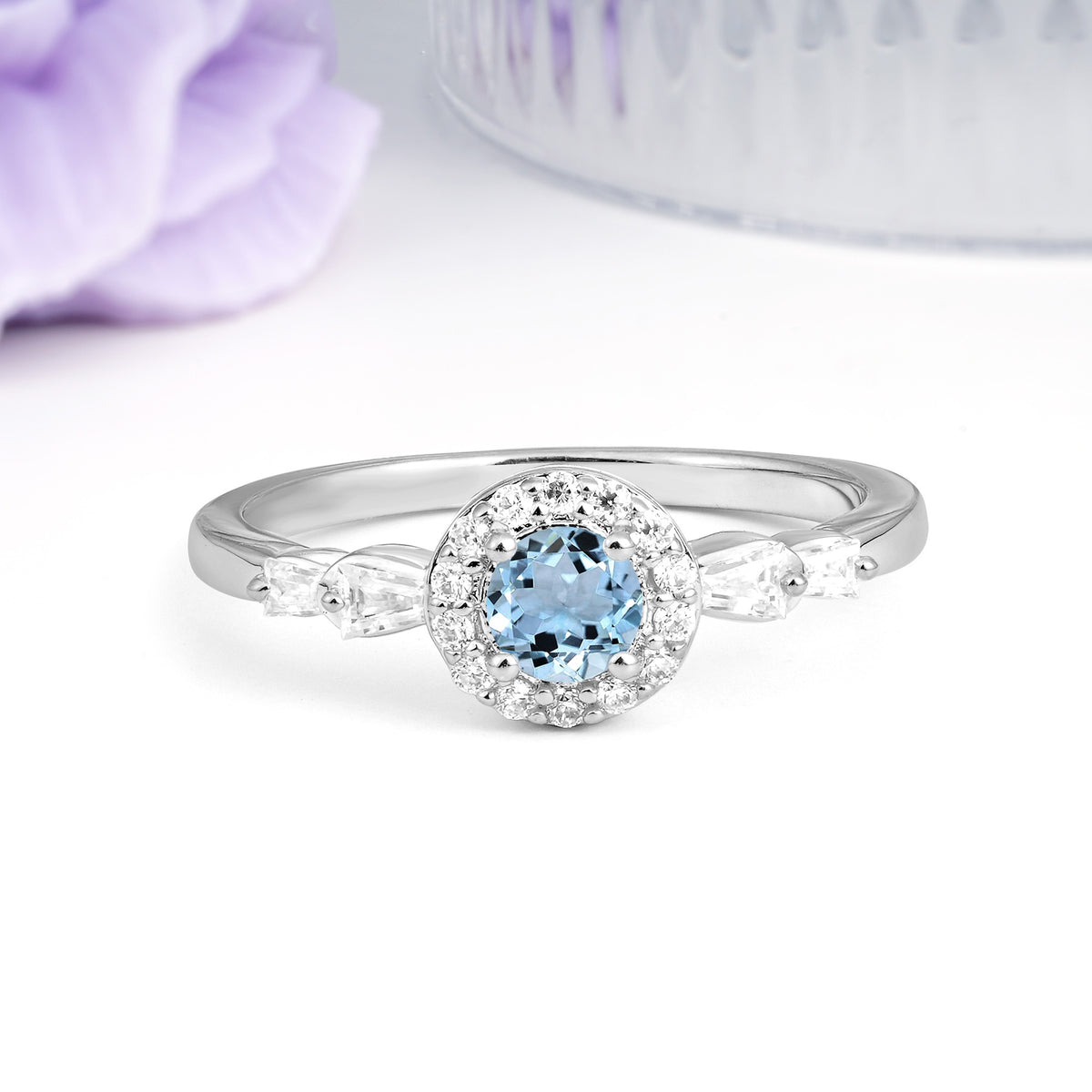 Luxurious & Classic Vintage 4-Prong Round Cut Aquamarine Engagement Ring - Additional view
