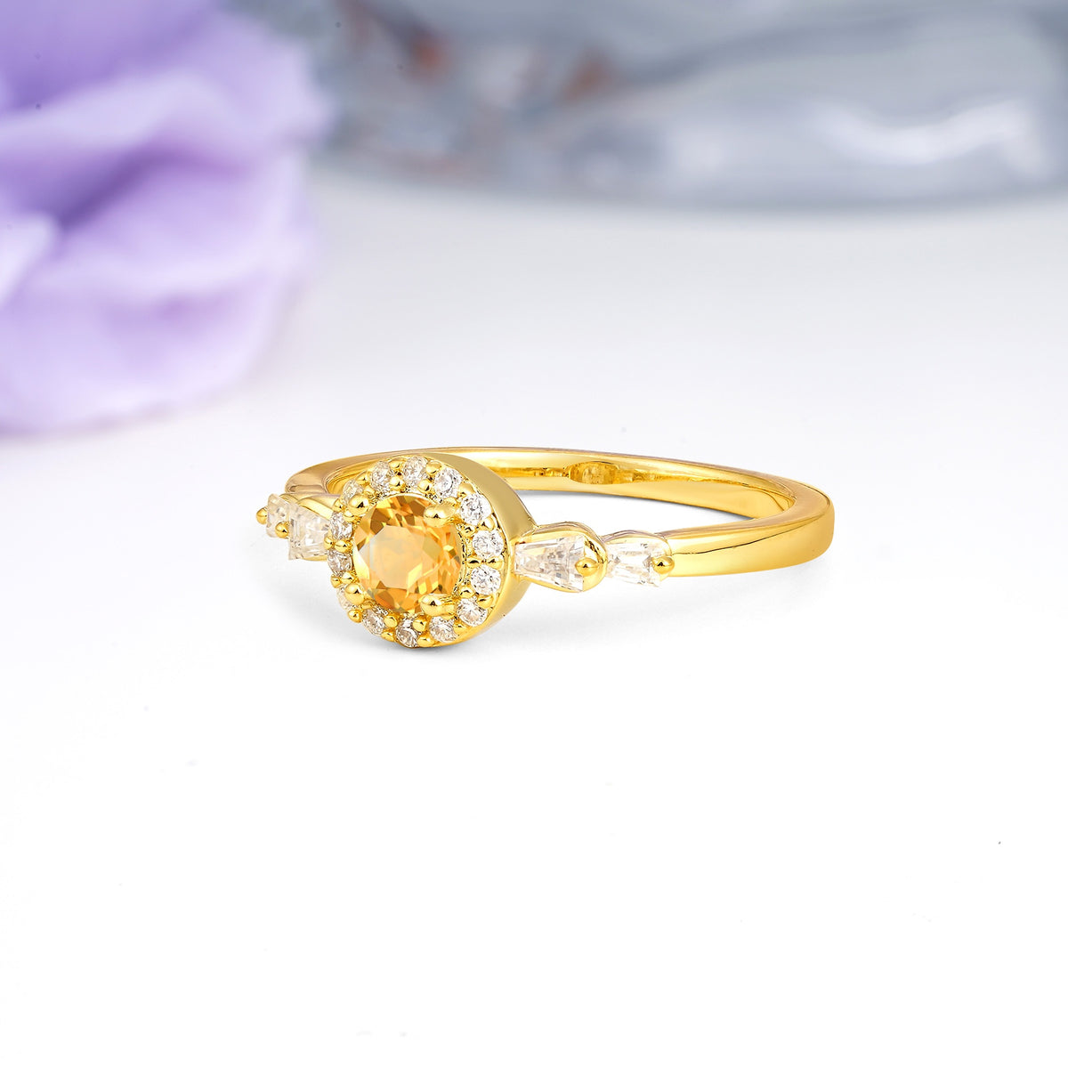 Luxurious & Classic Vintage 4-Prong Round Cut Citrine Engagement Ring - Additional view