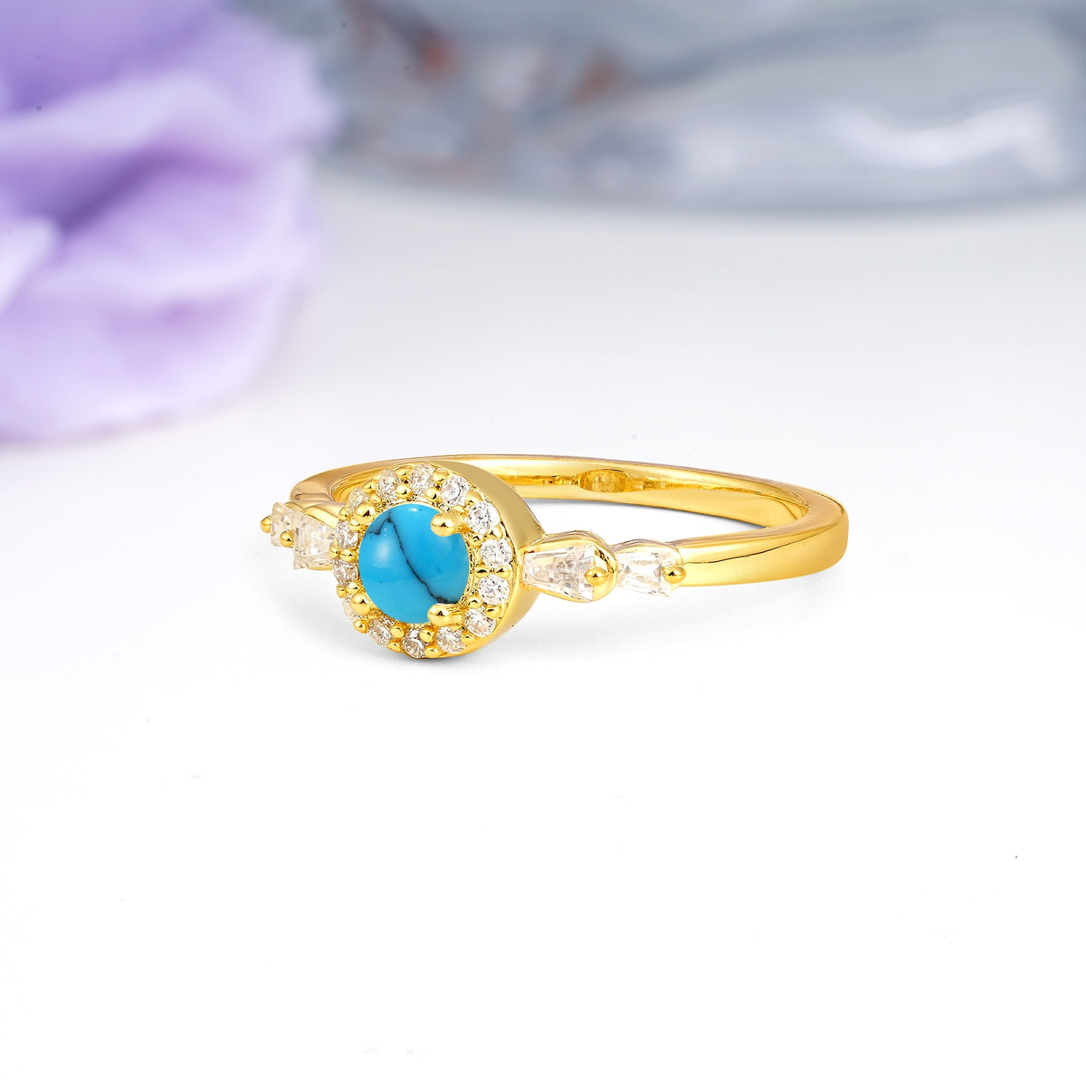 Luxurious & Classic Vintage 4-Prong Round Cut Turquoise Engagement Ring - Additional view