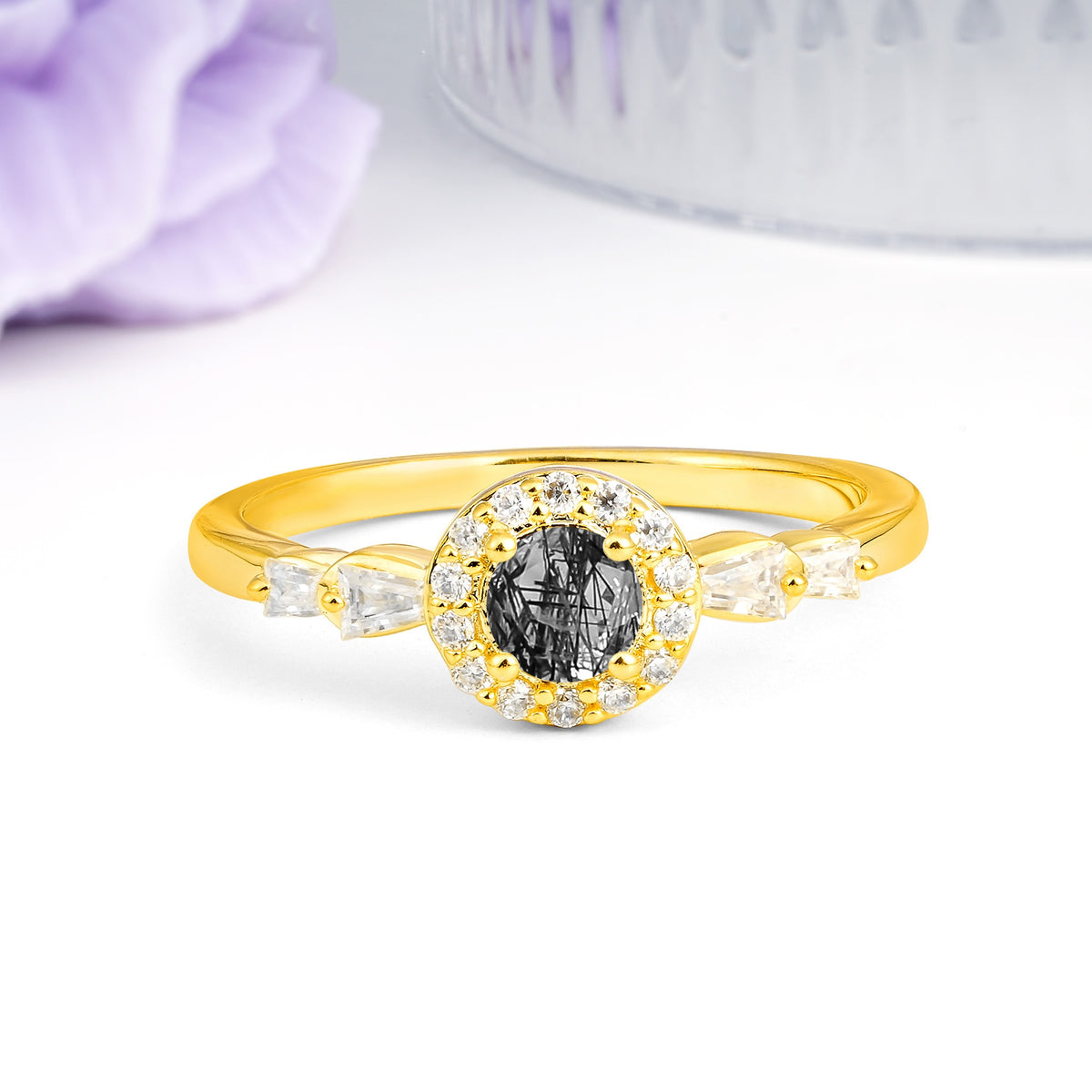 Luxurious & Classic Vintage 4-Prong Round Cut Black Rutilated Quartz Engagement Ring - Additional view