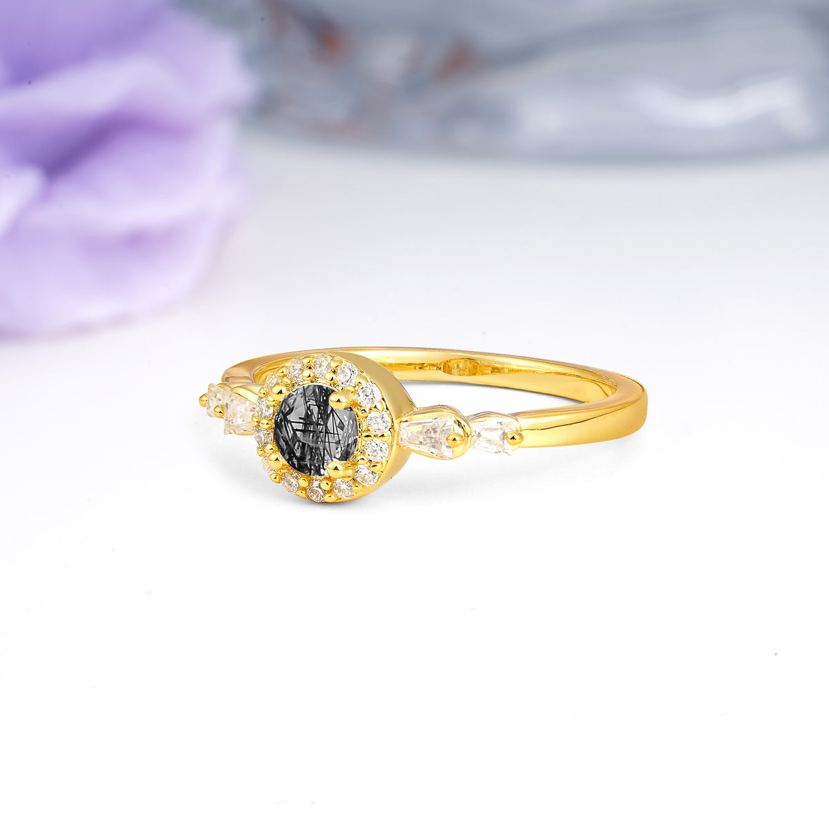 Luxurious & Classic Vintage 4-Prong Round Cut Black Rutilated Quartz Engagement Ring - Additional view