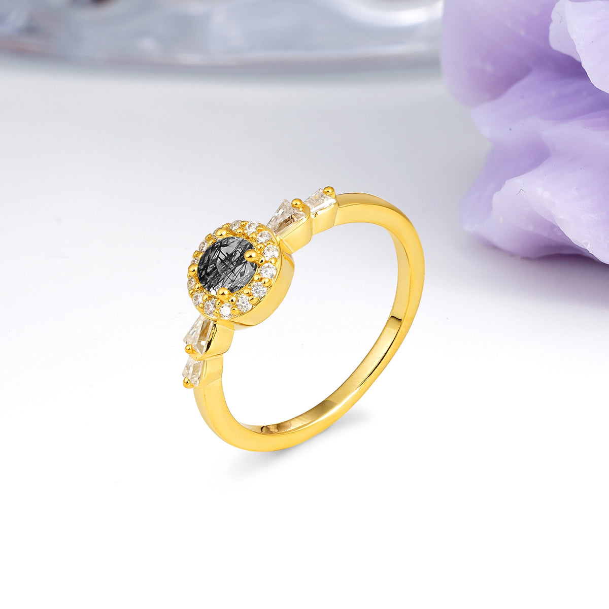 Luxurious & Classic Vintage 4-Prong Round Cut Black Rutilated Quartz Engagement Ring - Additional view