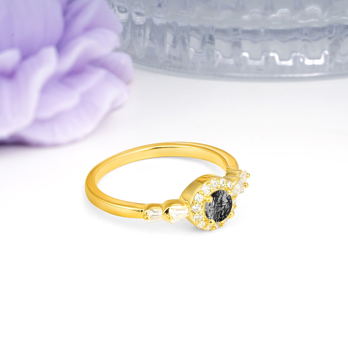Luxurious & Classic Vintage 4-Prong Round Cut Black Rutilated Quartz Engagement Ring - Additional view