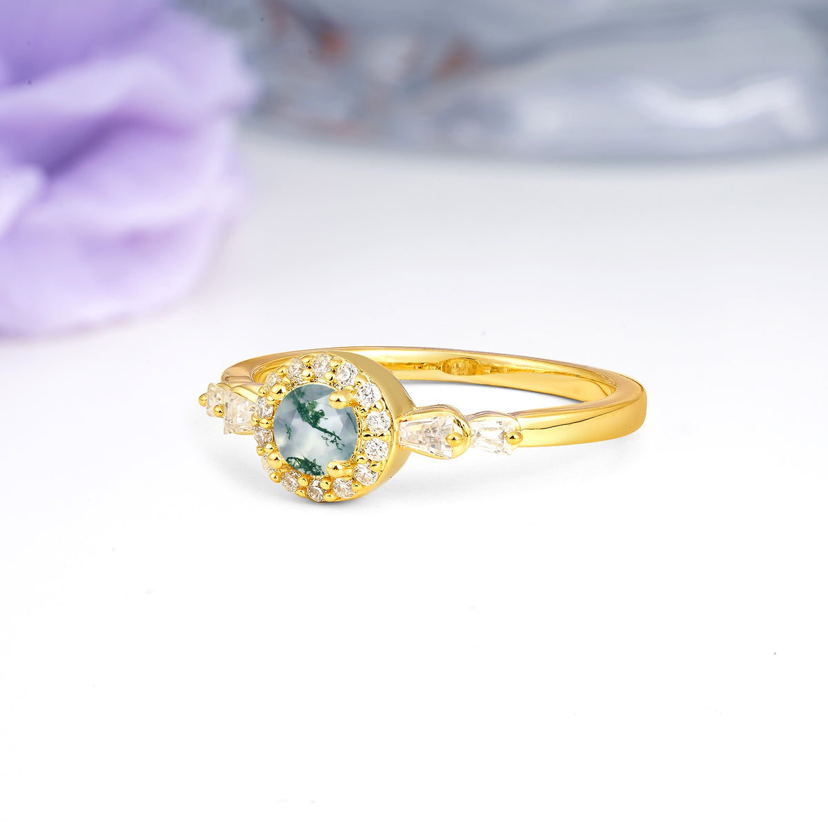 Luxurious & Classic Vintage 4-Prong Round Cut Moss Agate Engagement Ring - Additional view