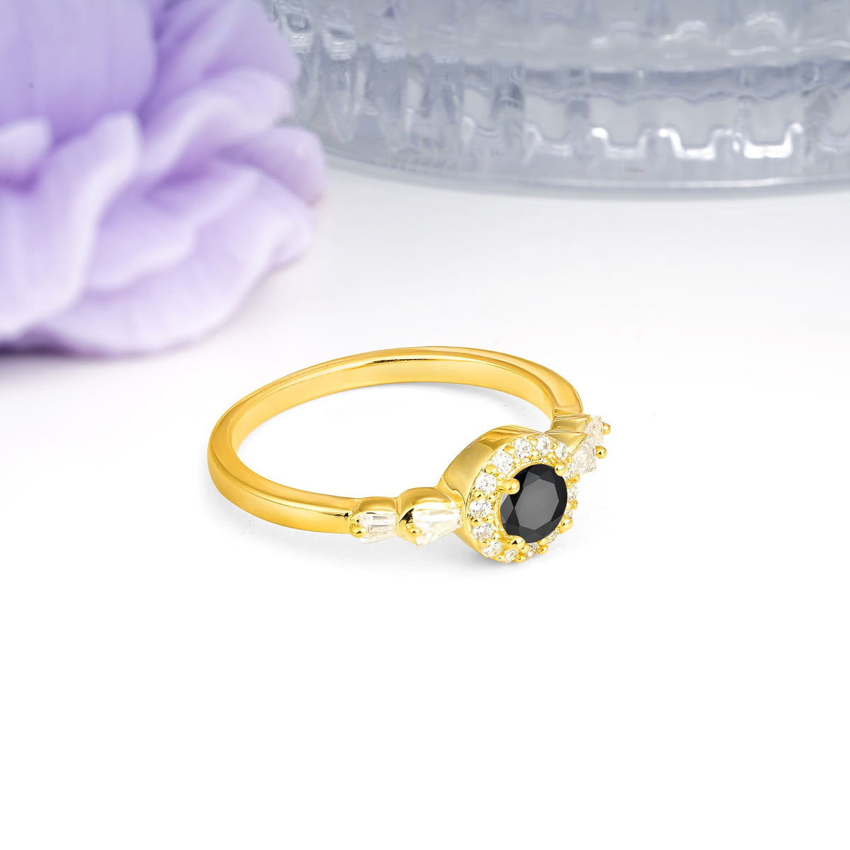 Luxurious & Classic Vintage 4-Prong Round Cut Black Onyx Engagement Ring - Additional view