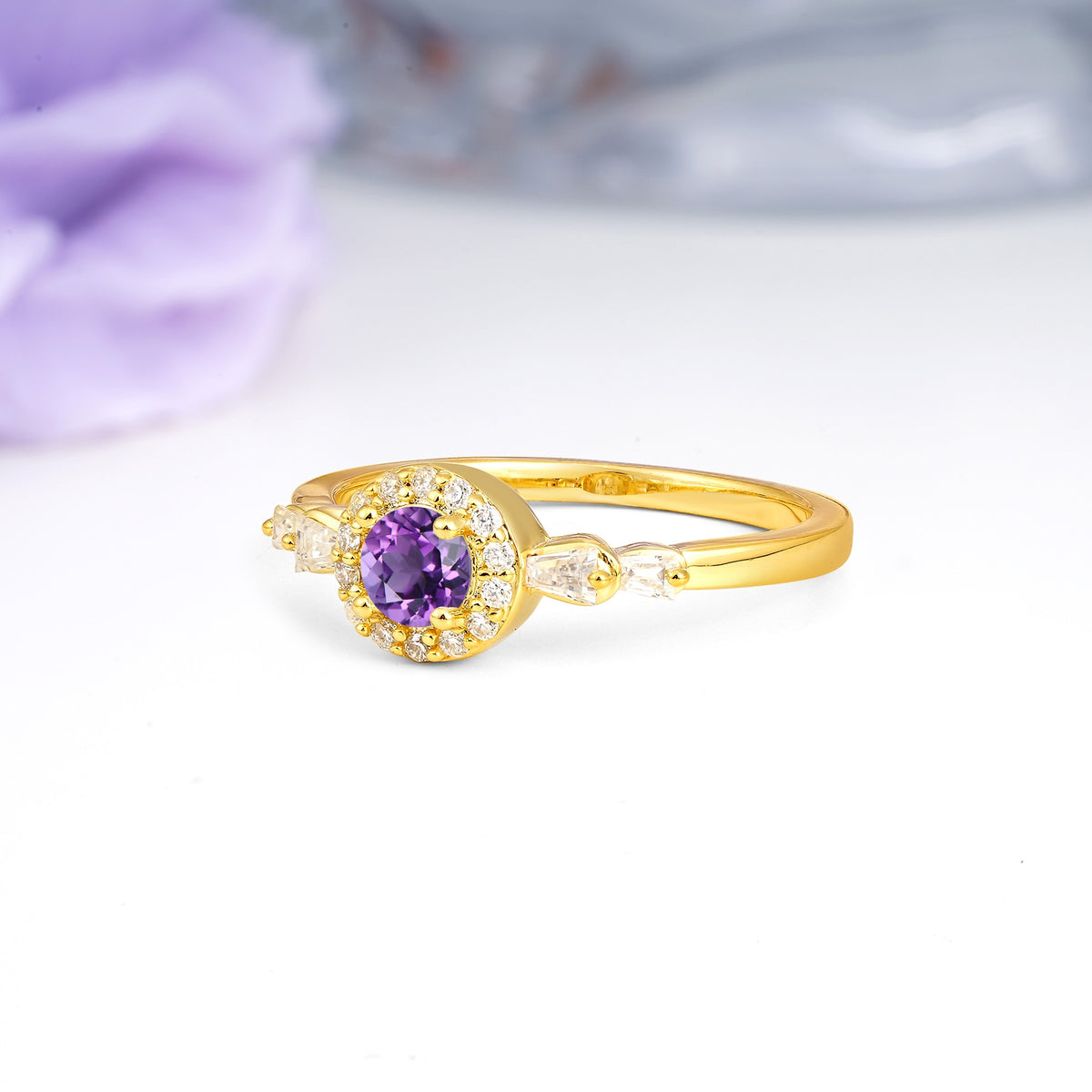 Luxurious & Classic Vintage 4-Prong Round Cut Amethyst Engagement Ring - Additional view