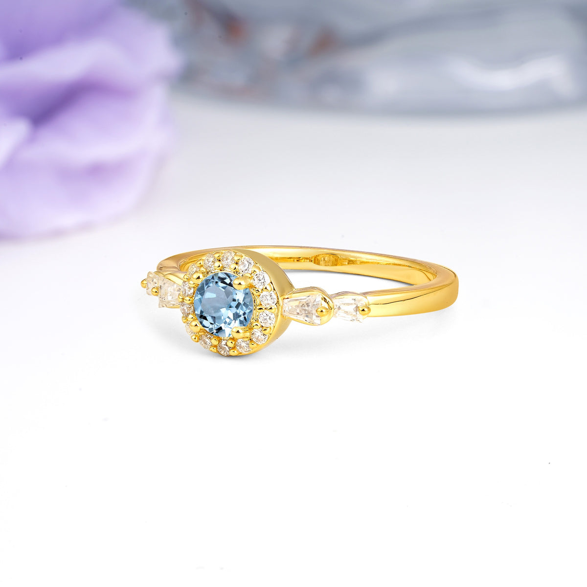 Luxurious & Classic Vintage 4-Prong Round Cut Aquamarine Engagement Ring - Additional view