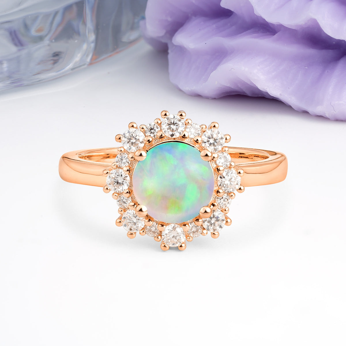 Unique Pavé-Set, Luxurious 4-Prong Round-Cut Fire Opal Engagement Ring - Additional view