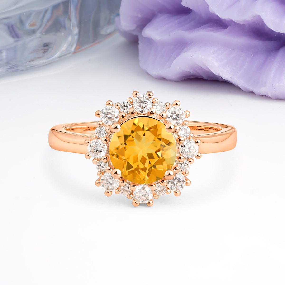 Unique Pavé-Set, Luxurious 4-Prong Round-Cut Citrine Engagement Ring - Additional view