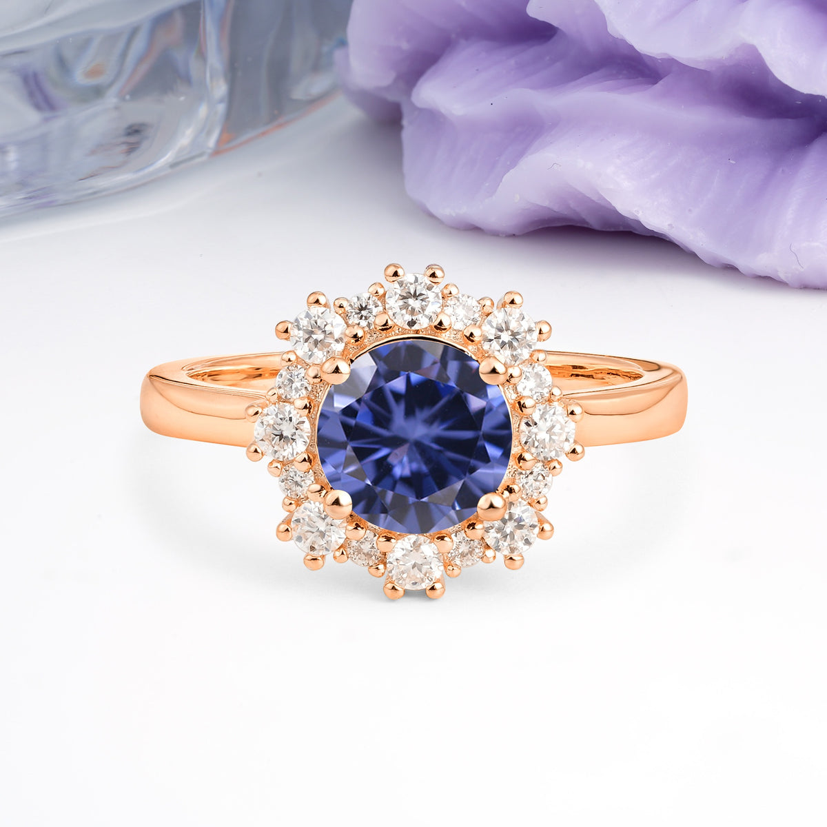 Unique Pavé-Set, Luxurious 4-Prong Round-Cut Tanzanite Engagement Ring - Additional view
