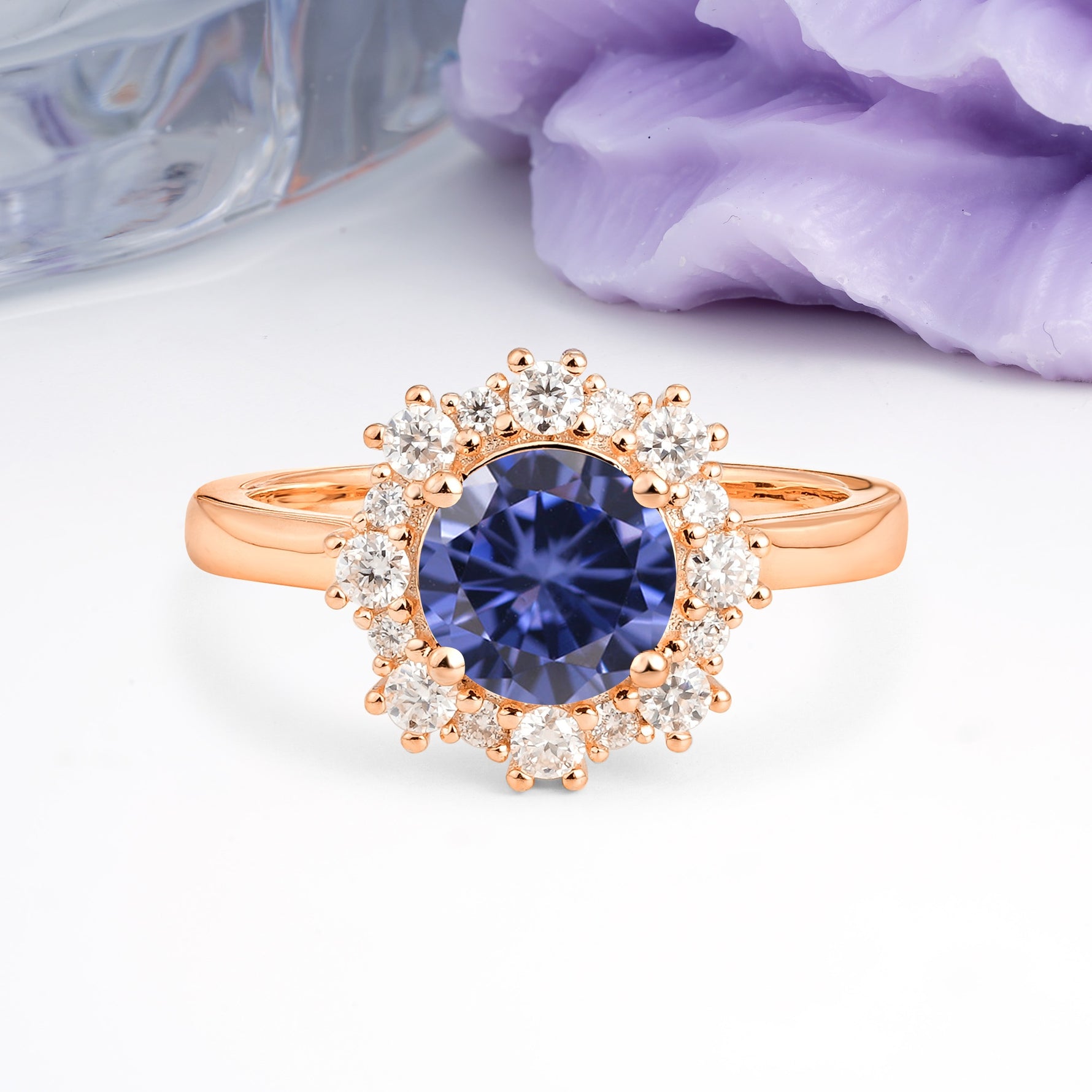 Unique Pavé-Set, Luxurious 4-Prong Round-Cut Tanzanite Engagement Ring - Additional view