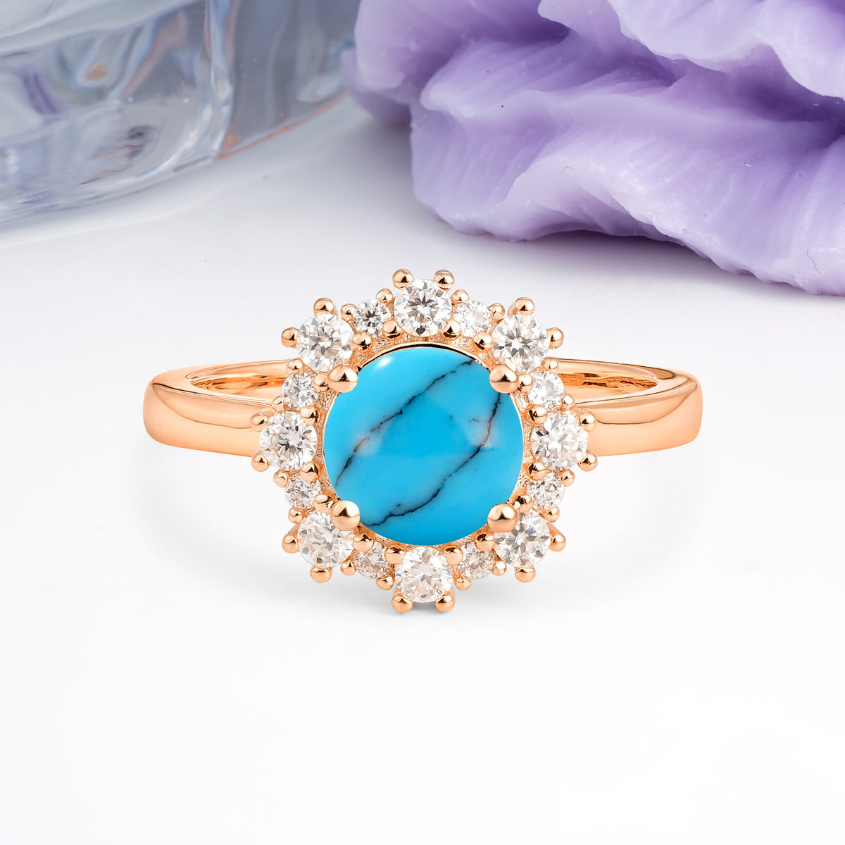 Unique Pavé-Set, Luxurious 4-Prong Round-Cut Turquoise Engagement Ring - Additional view