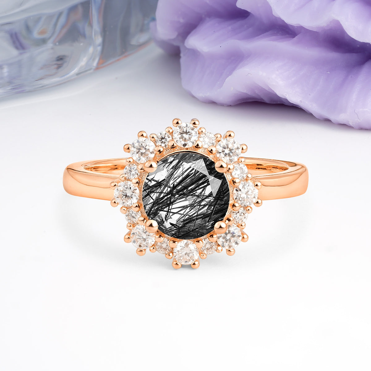 Unique Pavé-Set, Luxurious 4-Prong Round-Cut Black Rutilated Quartz Engagement Ring - Additional view