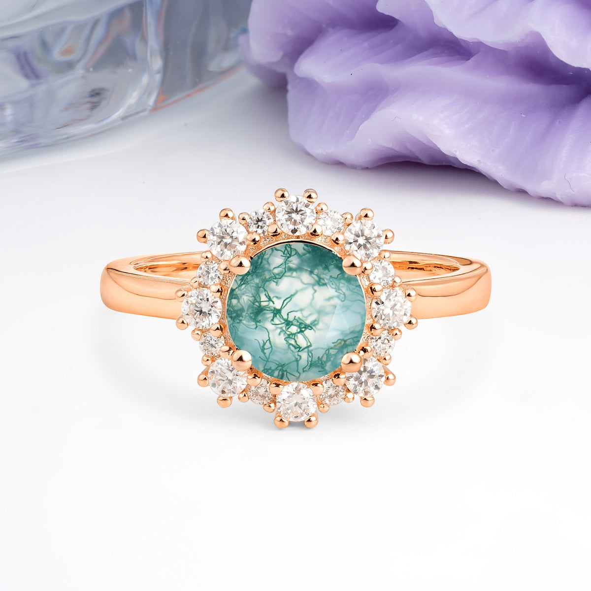 Unique Pavé-Set, Luxurious 4-Prong Round-Cut Moss Agate Engagement Ring - Additional view