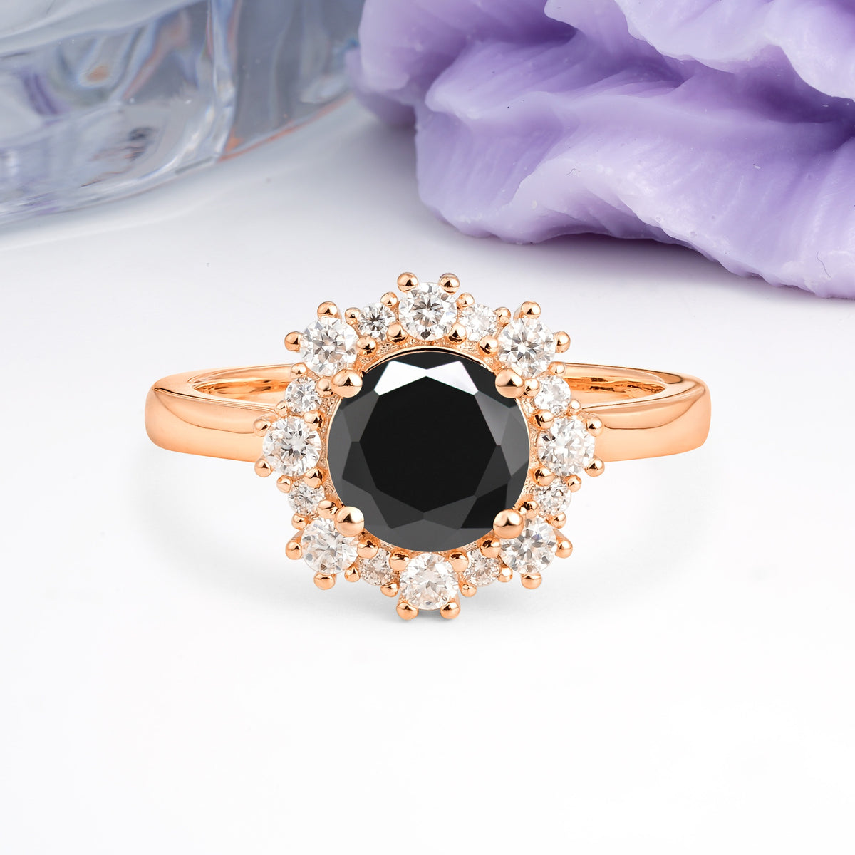 Unique Pavé-Set, Luxurious 4-Prong Round-Cut Black Onyx Engagement Ring - Additional view