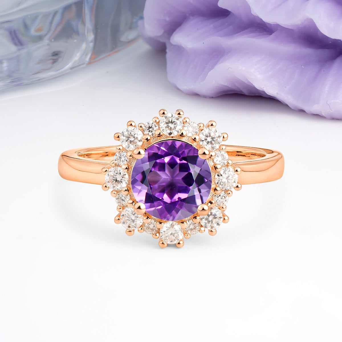 Unique Pavé-Set, Luxurious 4-Prong Round-Cut Amethyst Engagement Ring - Additional view