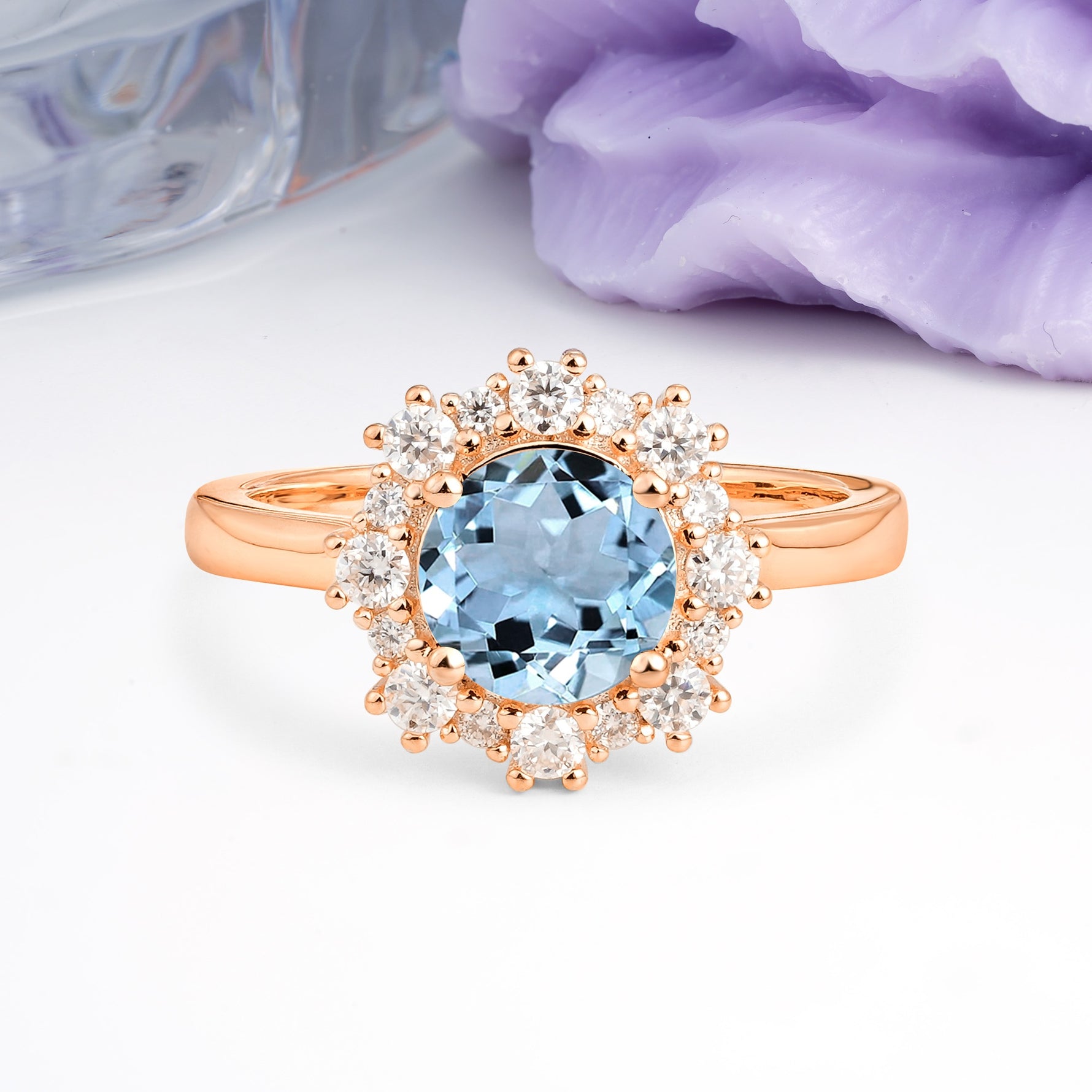 Unique Pavé-Set, Luxurious 4-Prong Round-Cut Aquamarine Engagement Ring - Additional view