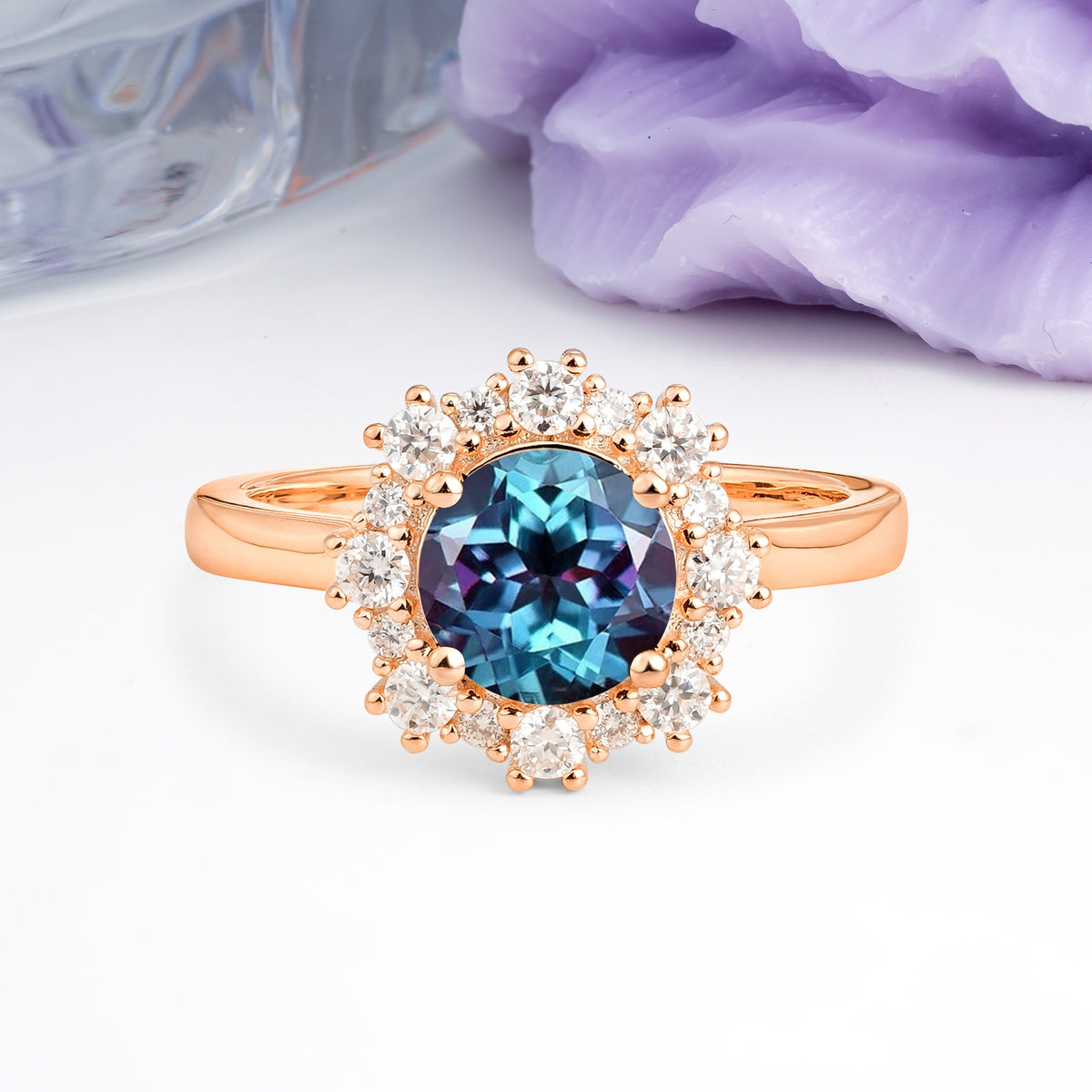 Unique Pavé-Set, Luxurious 4-Prong Round-Cut Alexandrite Engagement Ring - Additional view