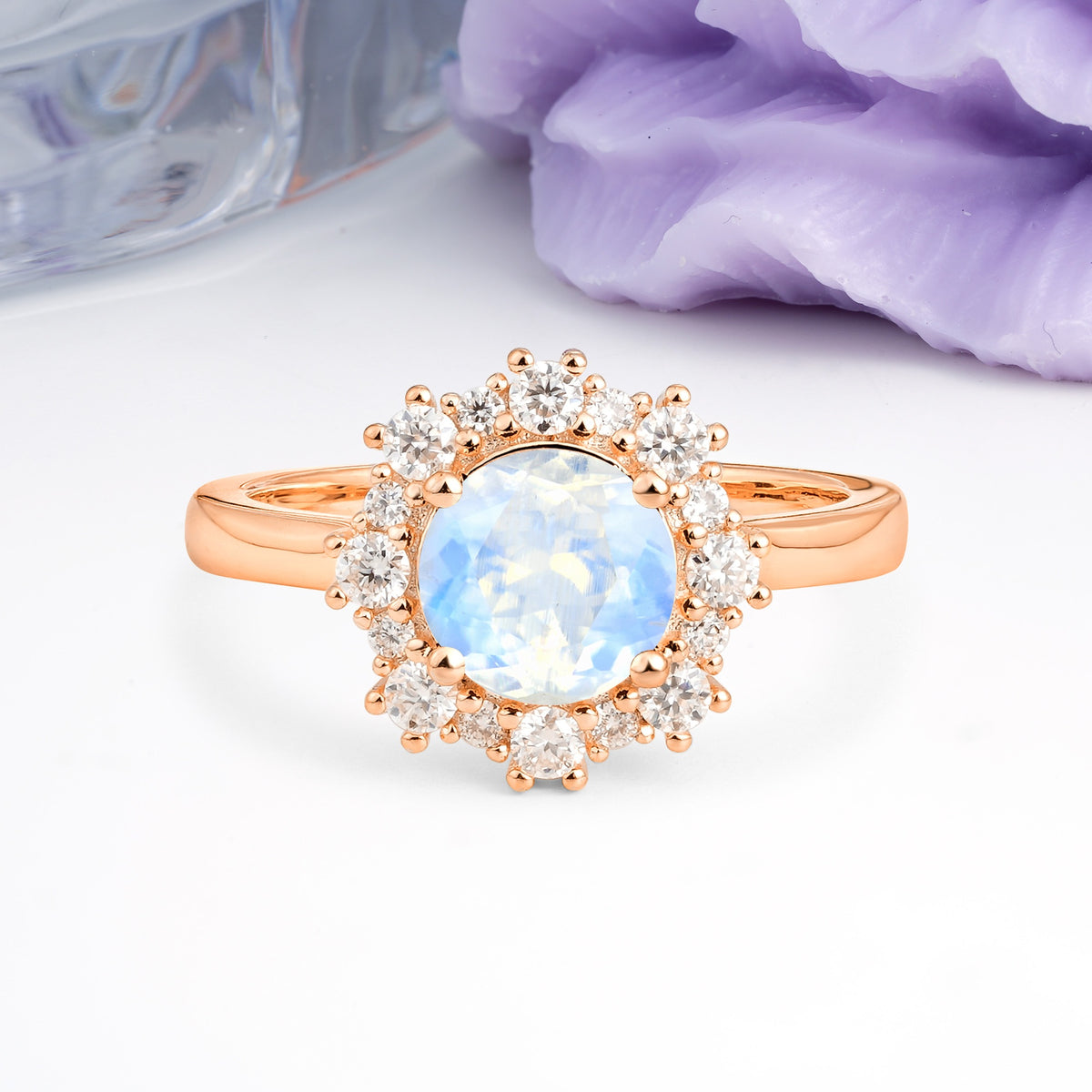 Unique Pavé-Set, Luxurious 4-Prong Round-Cut Moonstone Engagement Ring - Additional view