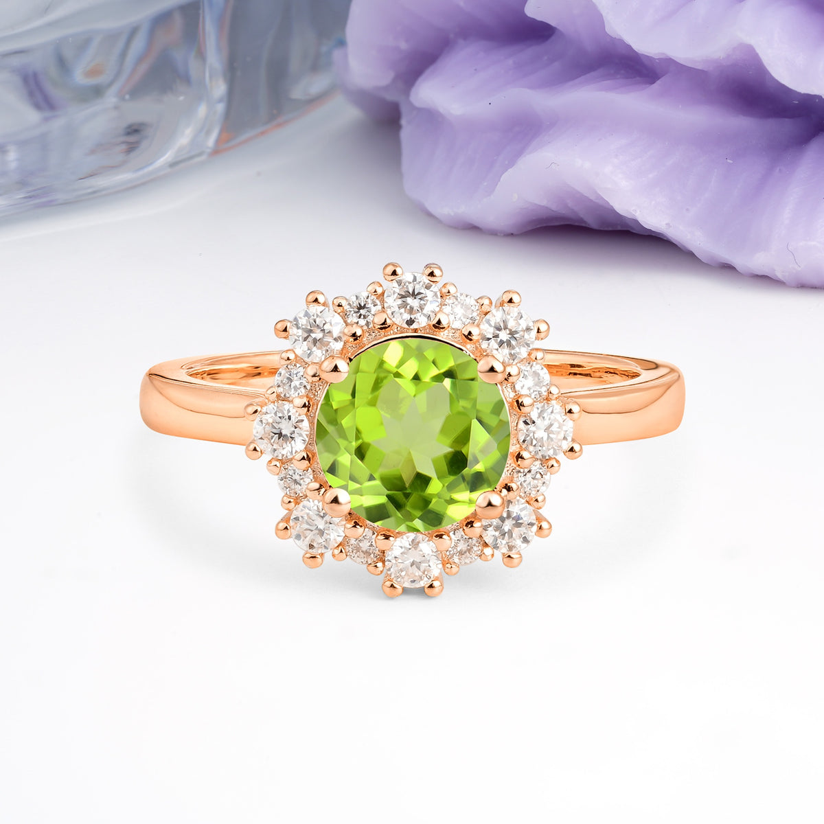 Unique Pavé-Set, Luxurious 4-Prong Round-Cut Peridot Engagement Ring - Additional view