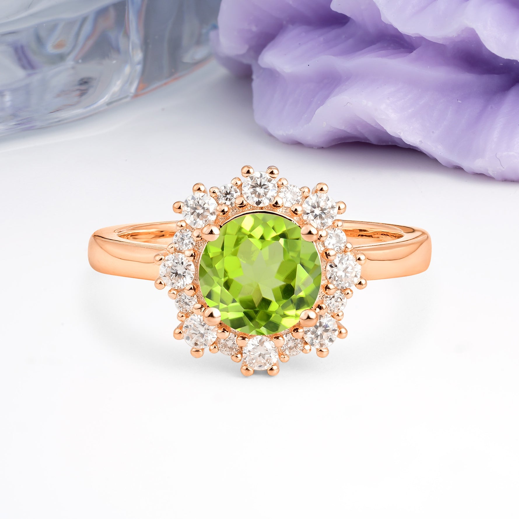 Unique Pavé-Set, Luxurious 4-Prong Round-Cut Peridot Engagement Ring - Additional view