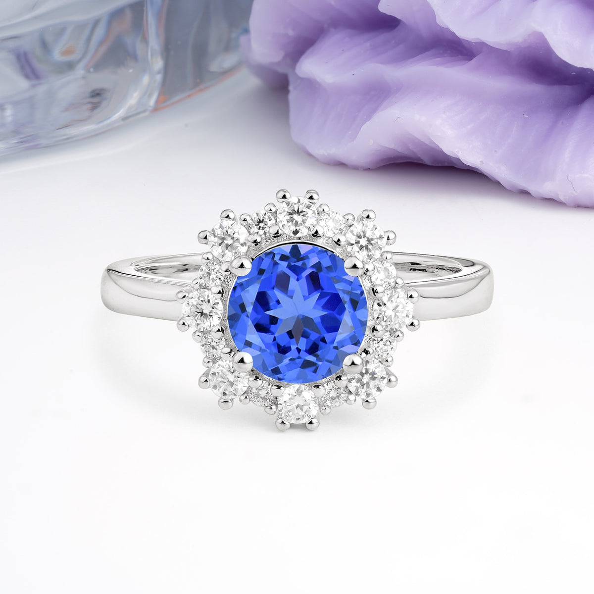 Unique Pavé-Set, Luxurious 4-Prong Round-Cut Sapphire Engagement Ring - Additional view