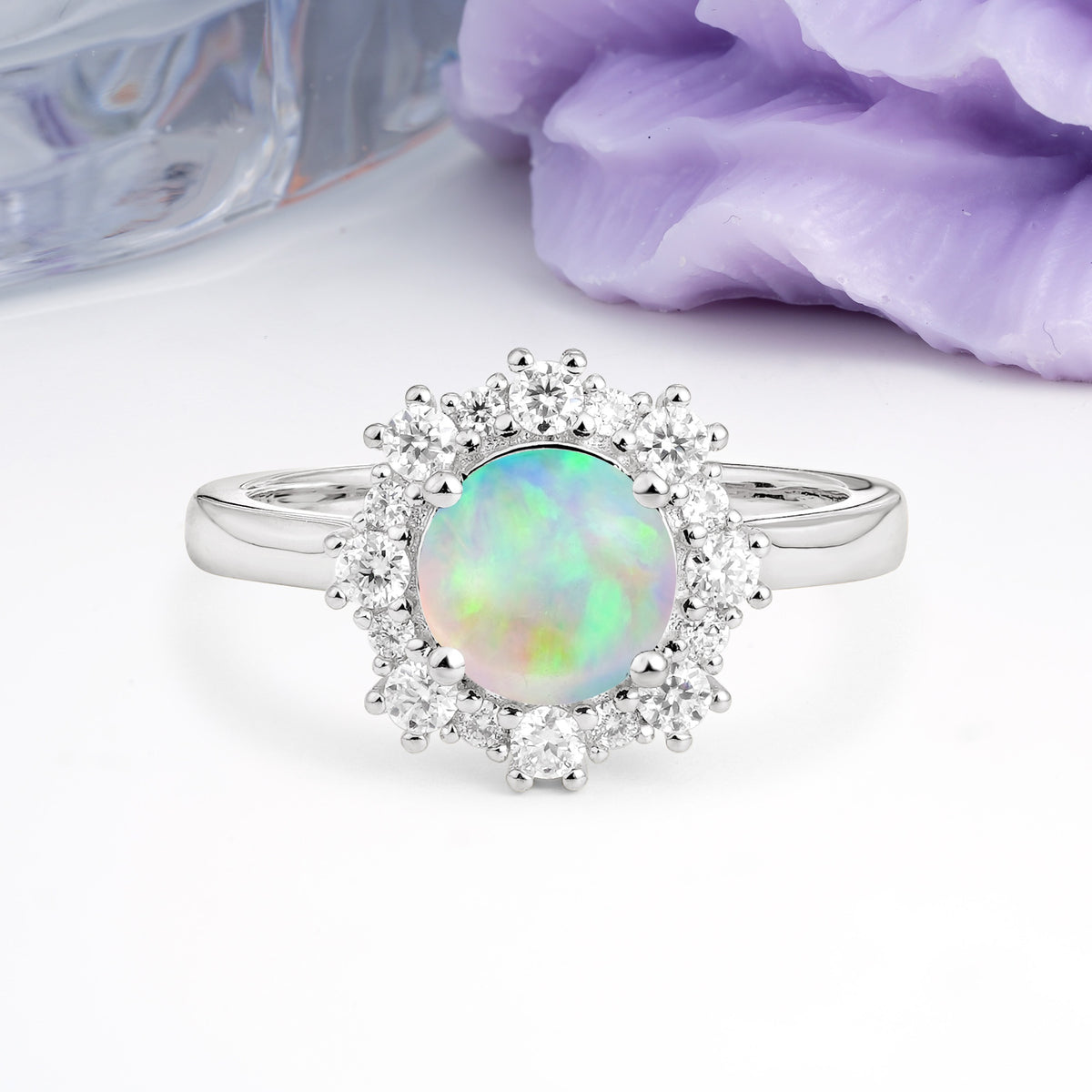 Unique Pavé-Set, Luxurious 4-Prong Round-Cut Fire Opal Engagement Ring - Additional view
