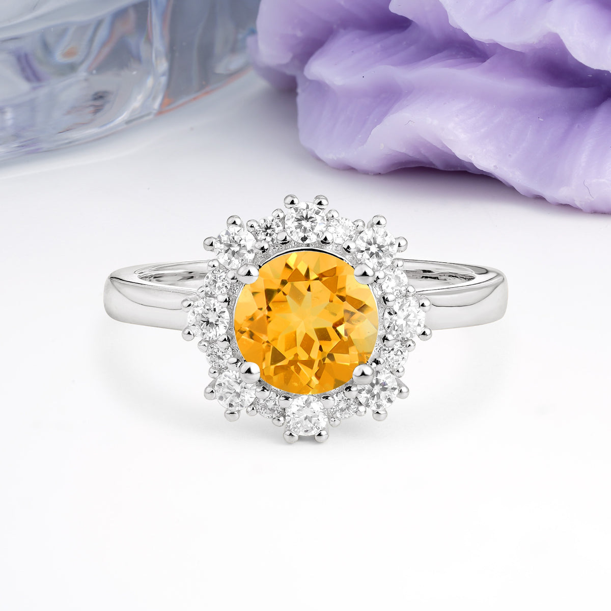 Unique Pavé-Set, Luxurious 4-Prong Round-Cut Citrine Engagement Ring - Additional view