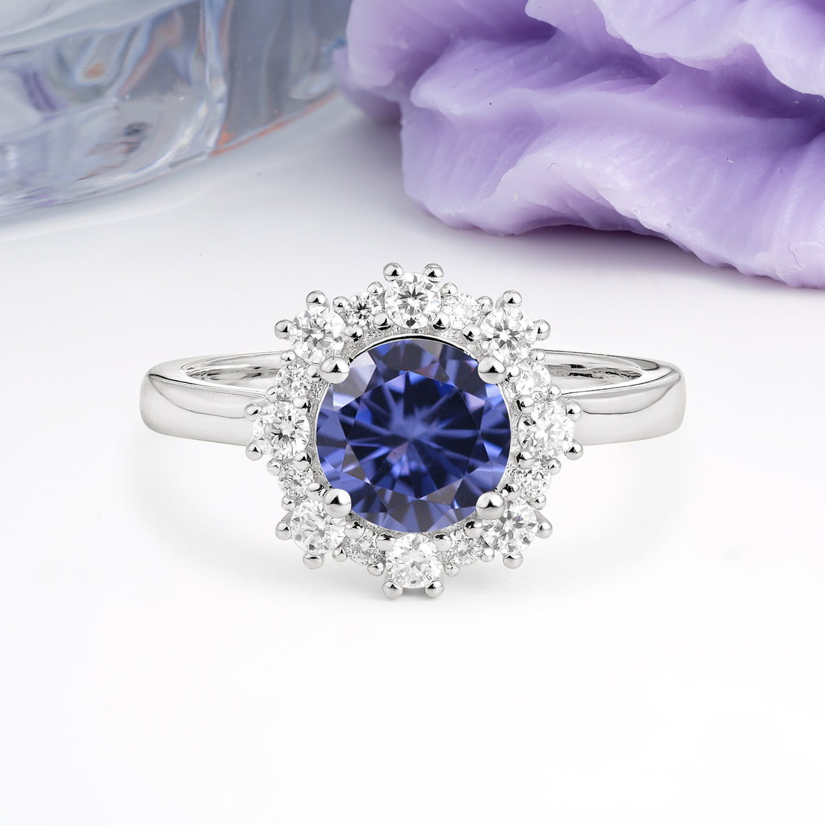 Unique Pavé-Set, Luxurious 4-Prong Round-Cut Tanzanite Engagement Ring - Additional view