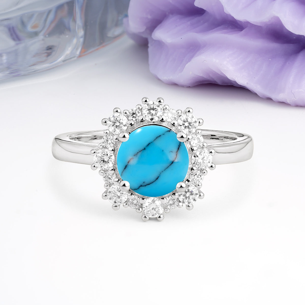 Unique Pavé-Set, Luxurious 4-Prong Round-Cut Turquoise Engagement Ring - Additional view