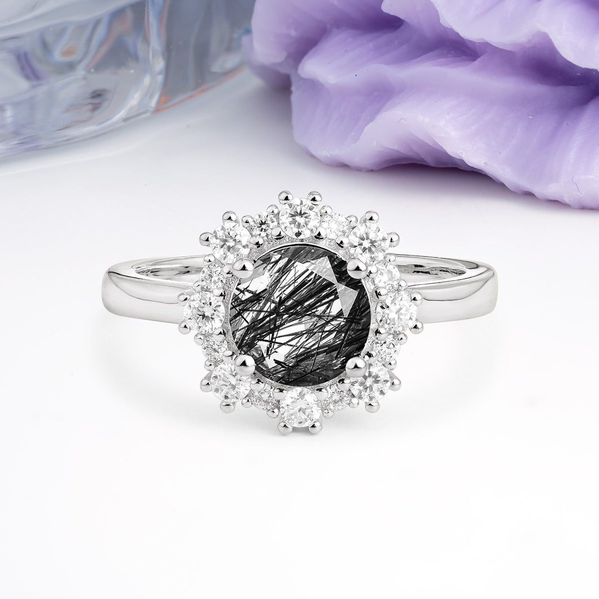 Unique Pavé-Set, Luxurious 4-Prong Round-Cut Black Rutilated Quartz Engagement Ring - Additional view