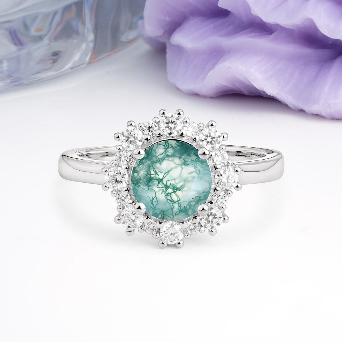Unique Pavé-Set, Luxurious 4-Prong Round-Cut Moss Agate Engagement Ring - Additional view