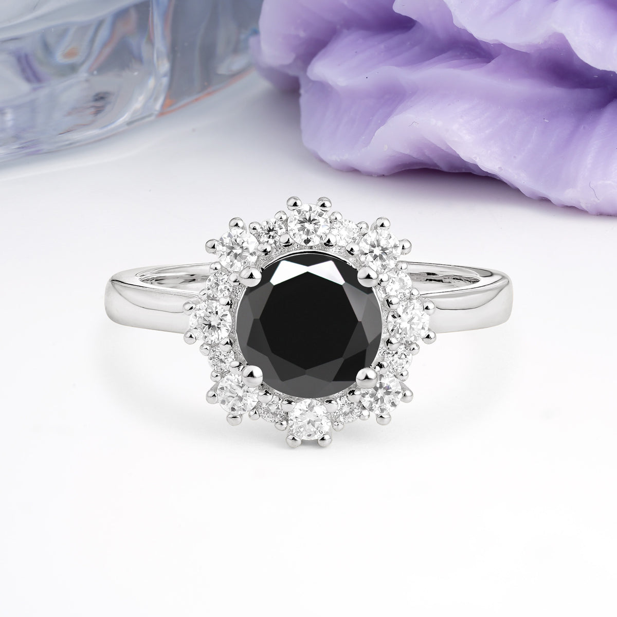 Unique Pavé-Set, Luxurious 4-Prong Round-Cut Black Onyx Engagement Ring - Additional view