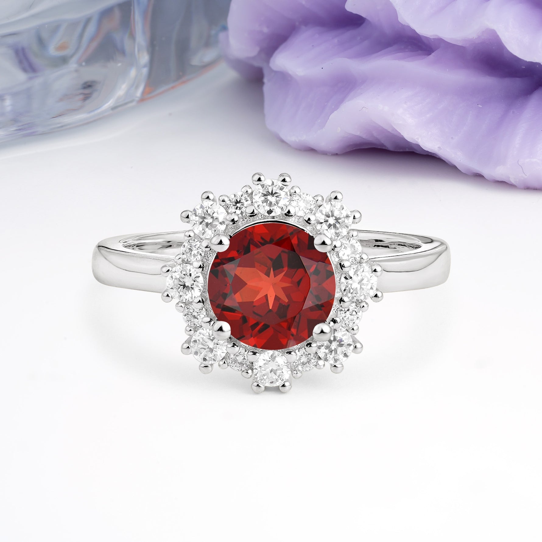 Unique Pavé-Set, Luxurious 4-Prong Round-Cut Garnet Engagement Ring - Additional view
