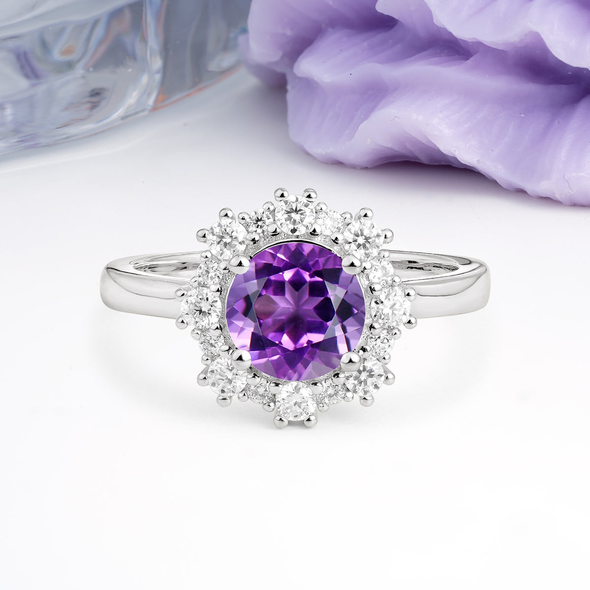 Unique Pavé-Set, Luxurious 4-Prong Round-Cut Amethyst Engagement Ring - Additional view