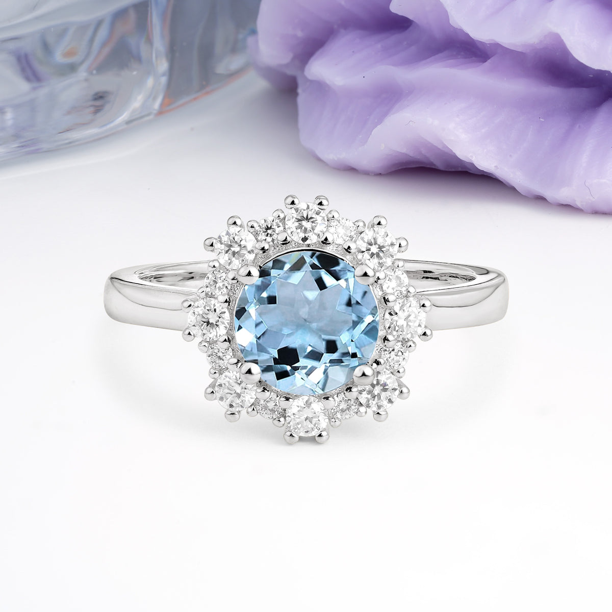 Unique Pavé-Set, Luxurious 4-Prong Round-Cut Aquamarine Engagement Ring - Additional view