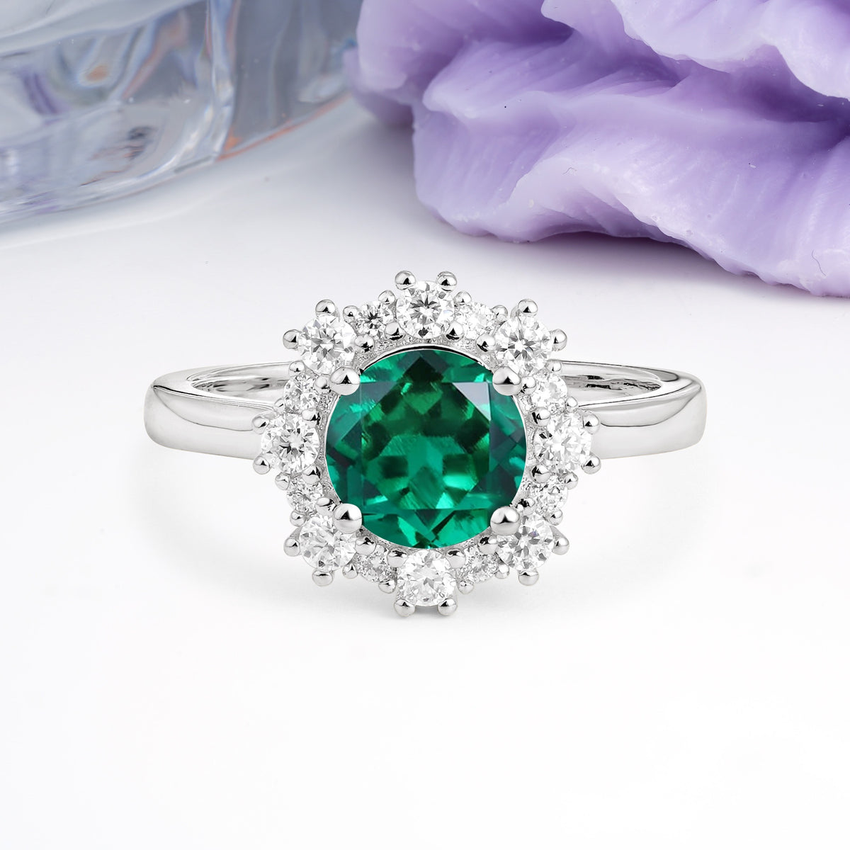 Unique Pavé-Set, Luxurious 4-Prong Round-Cut Emerald Engagement Ring - Additional view