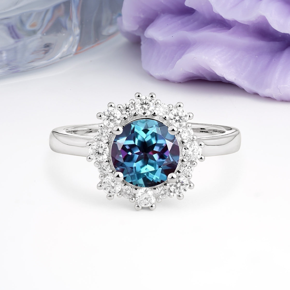Unique Pavé-Set, Luxurious 4-Prong Round-Cut Alexandrite Engagement Ring - Additional view