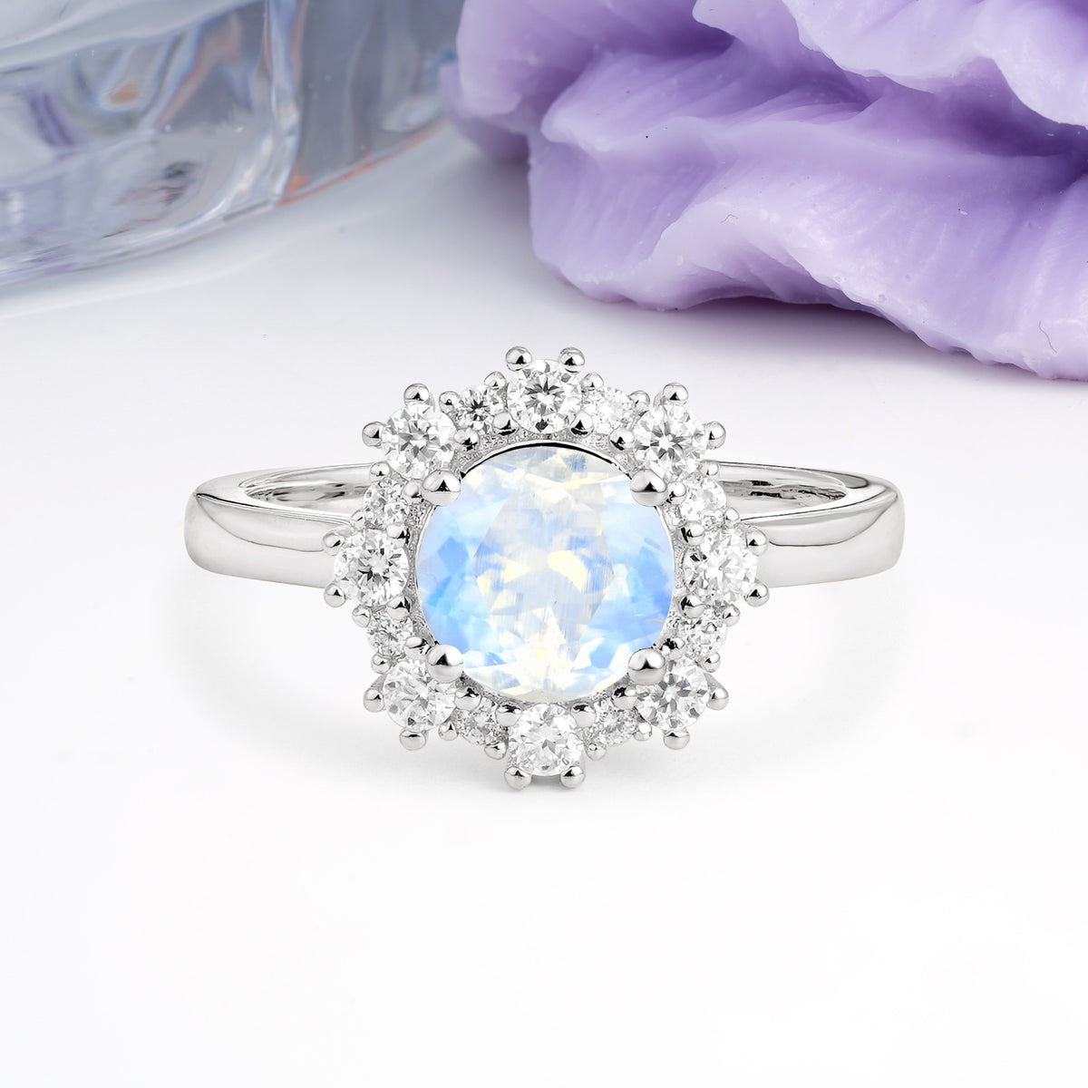 Unique Pavé-Set, Luxurious 4-Prong Round-Cut Moonstone Engagement Ring - Additional view